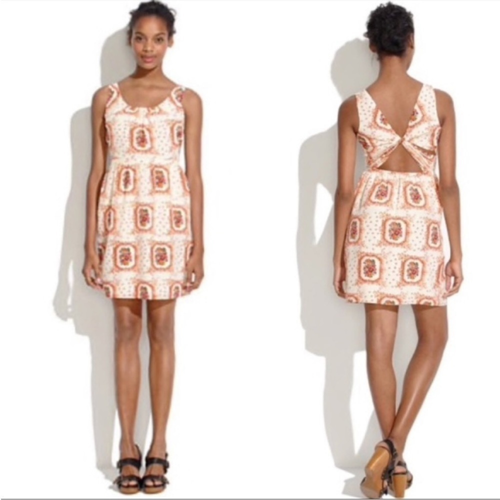 Madewell ivory orange silk floral print twisted open back dress size 4